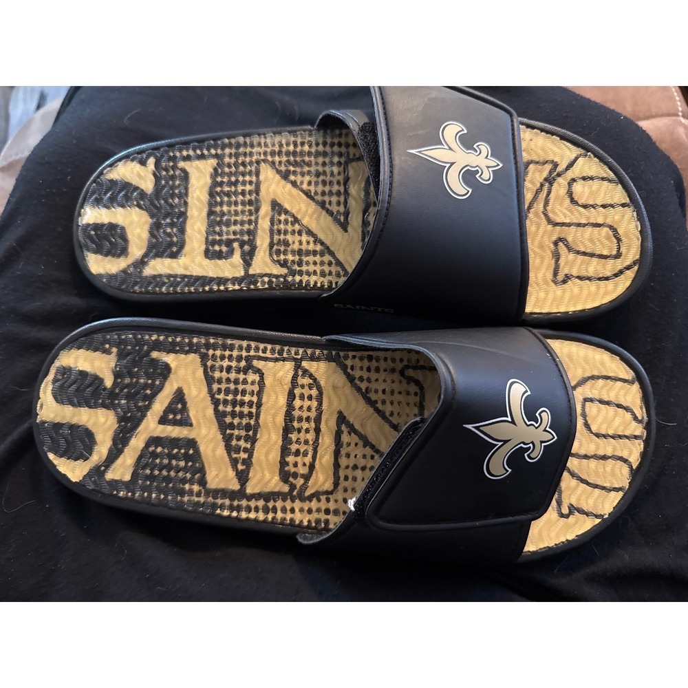 New Orleans Saints NFL Slides Mens Size L 11-12 Black Gold Fleur De Lis Sandals